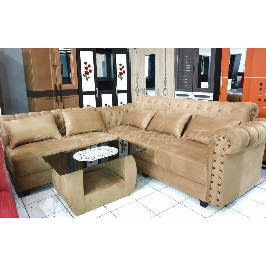 SOFA SUDUT KELUARGA ( SERIBU KANCING ) MEWAH + MEJA / COFFEE