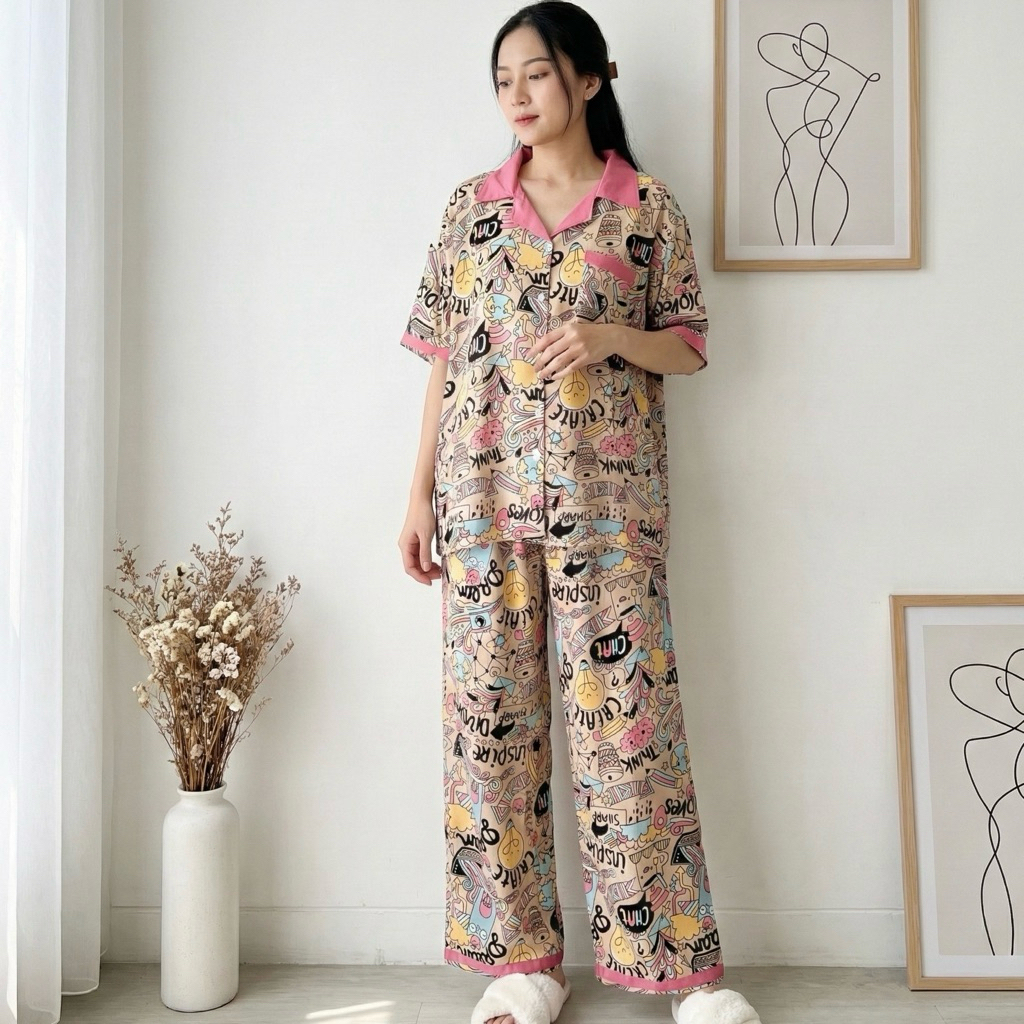 One Set Rayon Premium Kombinasi Full Kancing mix Motif dan Polos Twill Setelan Celana Panjang Eca Se