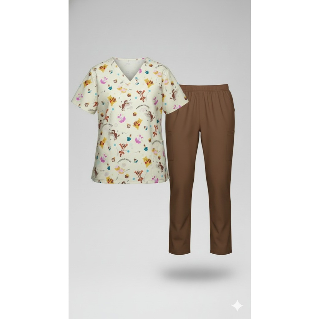 Setelan scrub motif / Baju jaga / Baju dokter lengan pendek kerah v motif karakter ph friendship kun