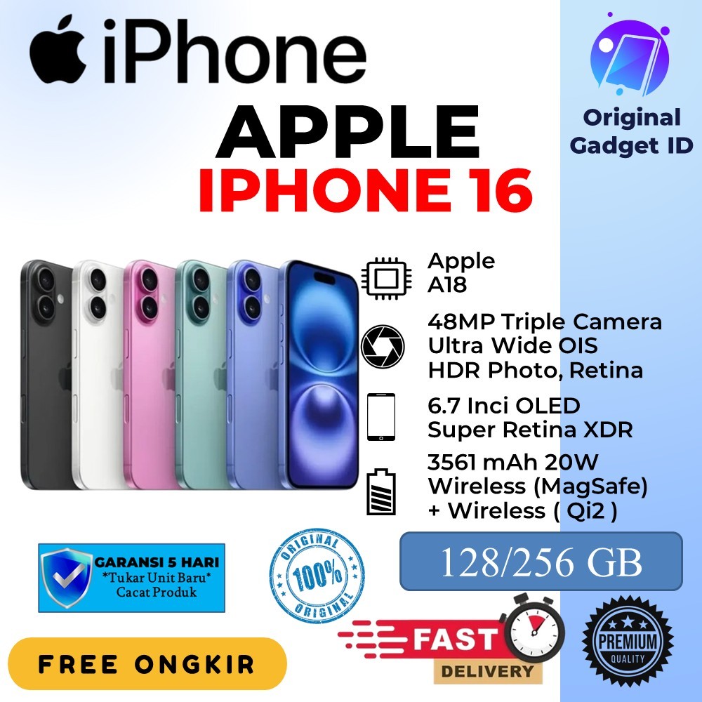 APPLE iPhone 16 128GB 256GB  A18 Chip CPU 6C / GPU 5C Resmi IBOX GDN DIGIMAP