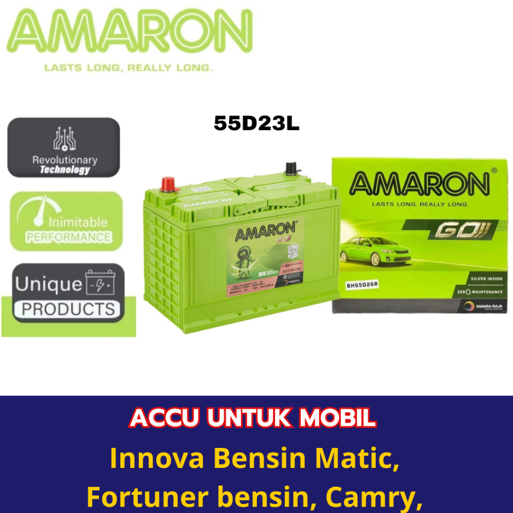 Aki Mobil AMARON - Aki Kering 55D23L untuk Mobil Innova Bensin Matic, Fortner bensin, Camry, Alphard