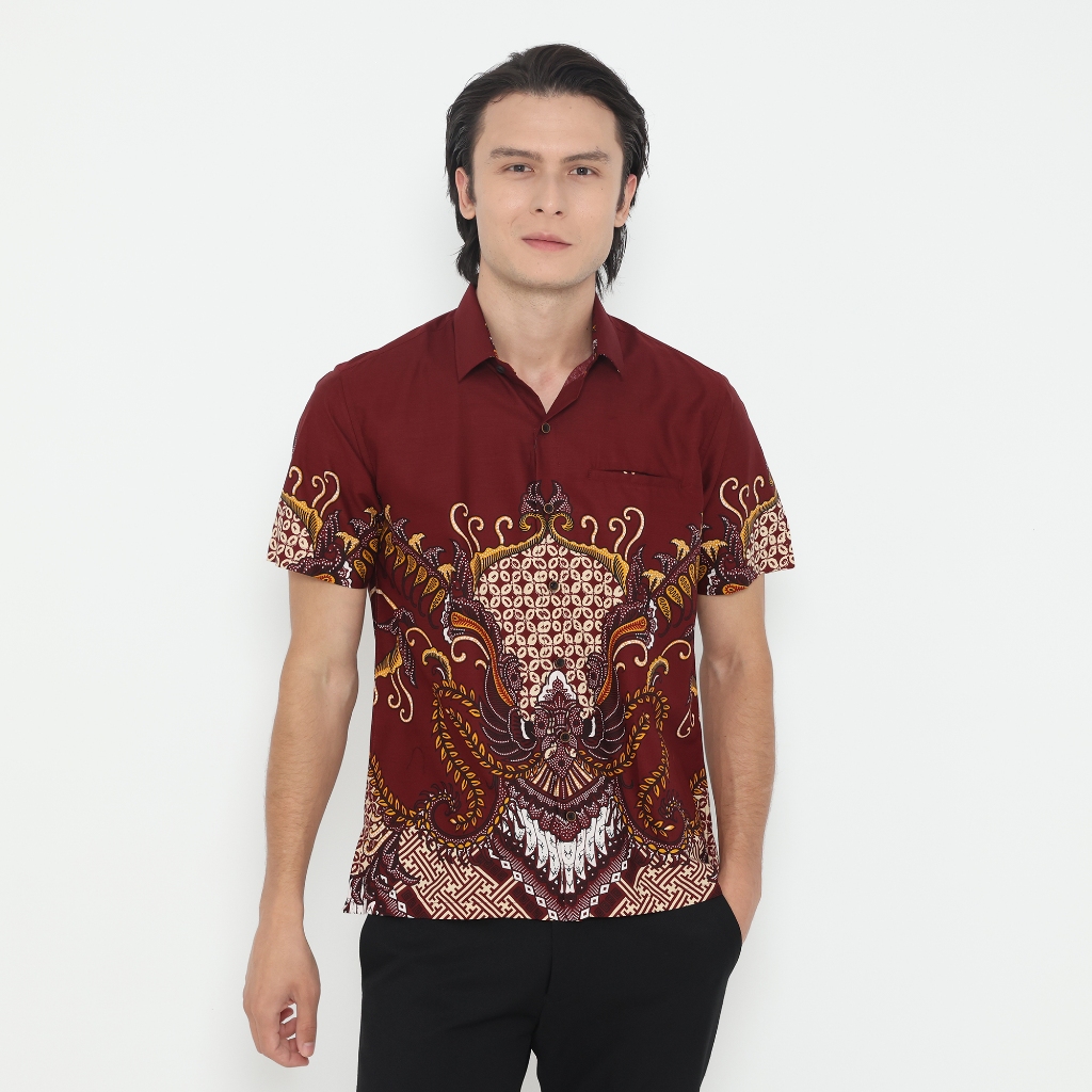 LUIGI RICCIO Kemeja Batik Pria Red Series Lengan Pendek New Casual Kerja Kantor Couple Keluarga Samp