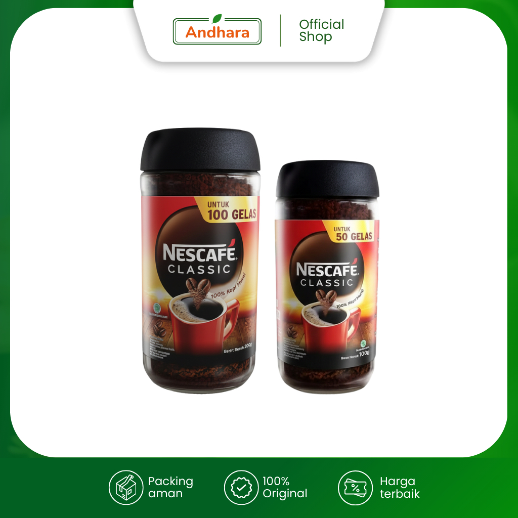 NESCAFE Classic Kopi Bubuk Instan Murni (Toples Kaca) | 100gr & 200gr | 100% Kopi Asli