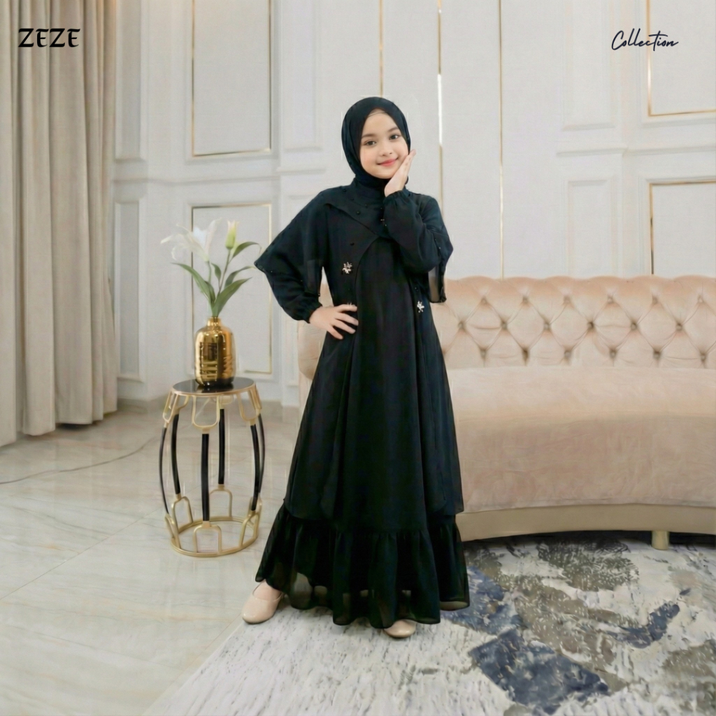 Zeze - Satu Set Zhena Dress Anak Warna Hitam Kerudung Dan Gamis Ceruty Babydoll Payet Mutiara Sulam 