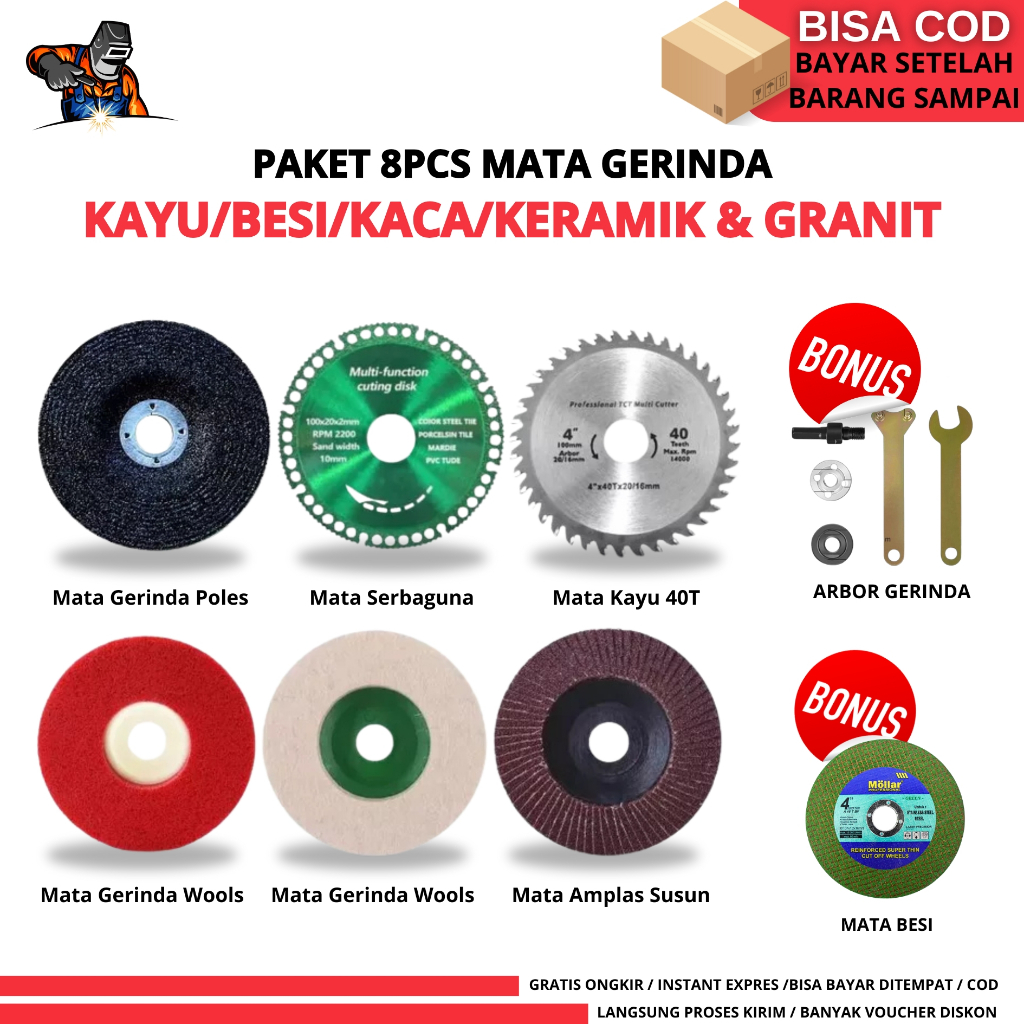PAKET 8PCS Mata Gerinda Potong Keramik Mata Gerinda Potong Kayu Set Arbor Mata Gerinda Besi Mata Ger