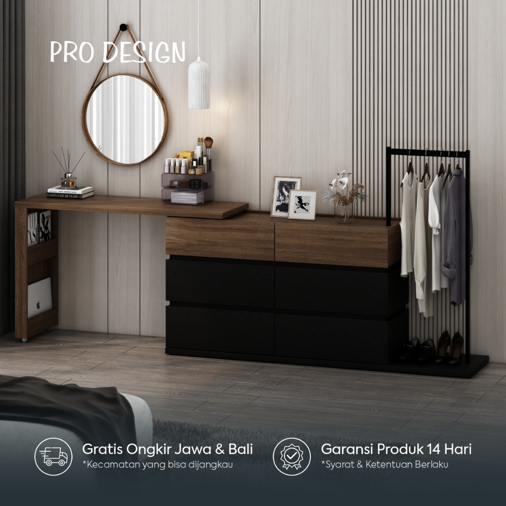 Pro Design Moda CHDS170 Meja Belajar / Lemari Laci / Meja Rias / Lemari Laci dengan Gantungan Baju