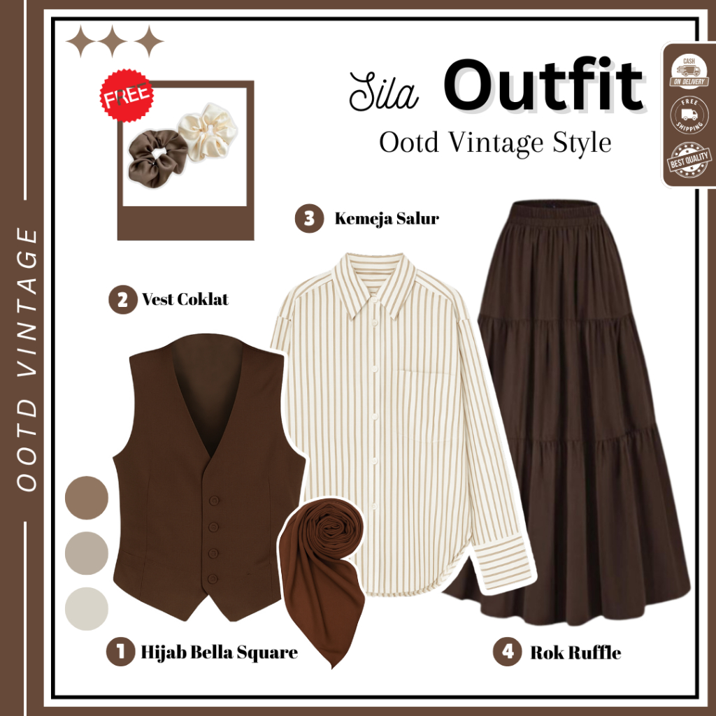 Sila Outfit Vintage Style ( Hijab + Vest + Kemeja Salur + Rok Ruffle ) Outfit Yearbook Vintage - N76