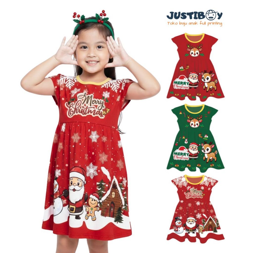Dress Anak Perempuan Natal Lengan Pendek / Daster Anak Cewe Merry Christmas Umur 3 - 9 Tahun [ABEL]