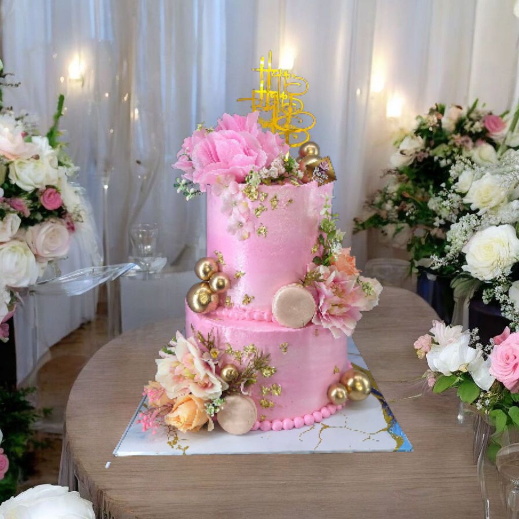 pink cake cantik 2 tier full cake//anniversary cake/sweet seventeen/Birthday cake premium