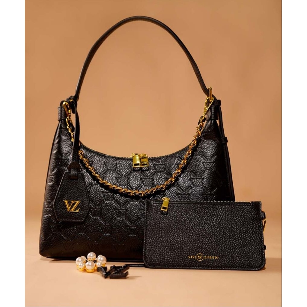 Ready NEW Vivi Zubedi Monogram Embossed Shoulder Bag - Cream Brulee/BLACK