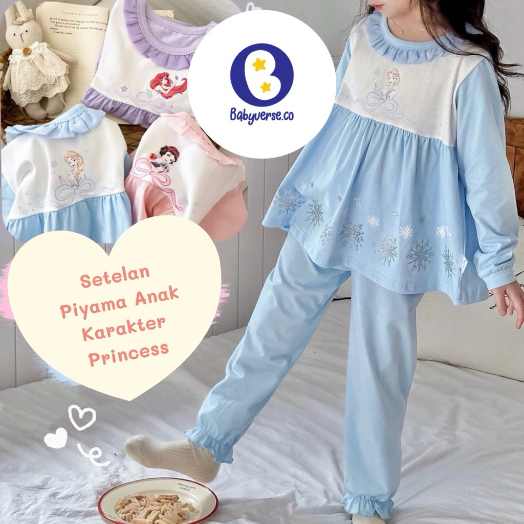Babyversenco Setelan Baju Tidur Piyama Anak Perempuan Karakter Disney Princess Elsa | Snow White | A