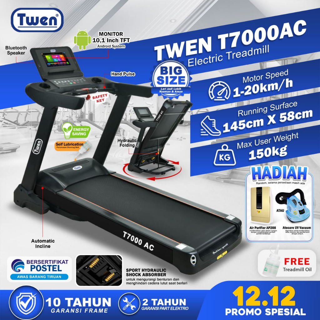 TWEN T7000AC Treadmill Listrik Treadmill Portable Treadmill Multifungsi Treadmil Lipat Alat Olahraga