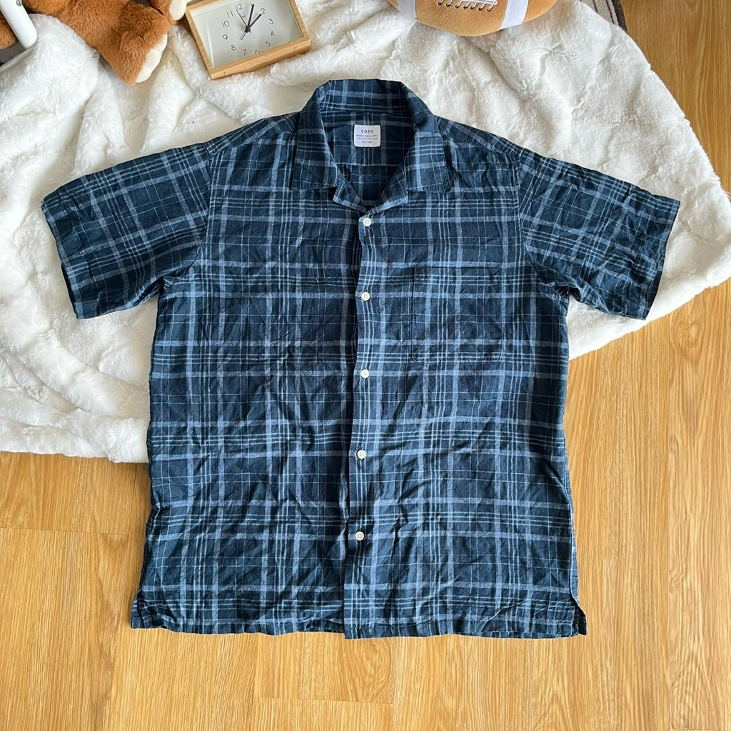 COEN Navy Tartan Linen Short Shirt size M • 100% Original (Kemeja Lengan Pendek)