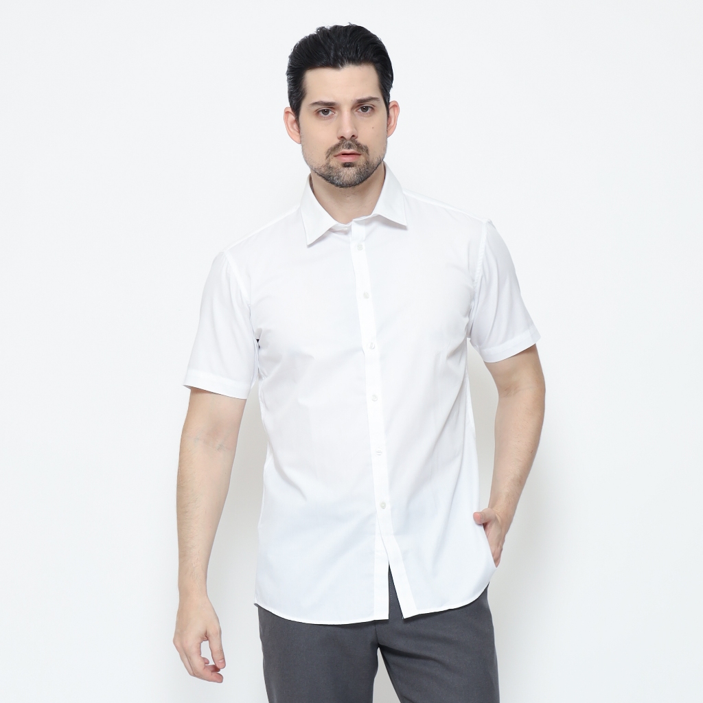 Schoeller Kemeja Pria Lengan Pendek Slim Fit Polos Putih – WYNDHAM-MSS – Size S–XXXL