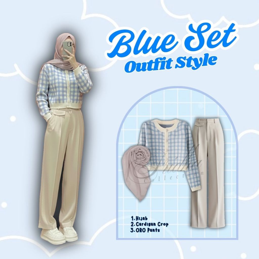 Setelan Outfit Wanita Kekinian Set ( Cardigan Crop + Celana Pants + Hijab Bella Square ) OOTD Hijab