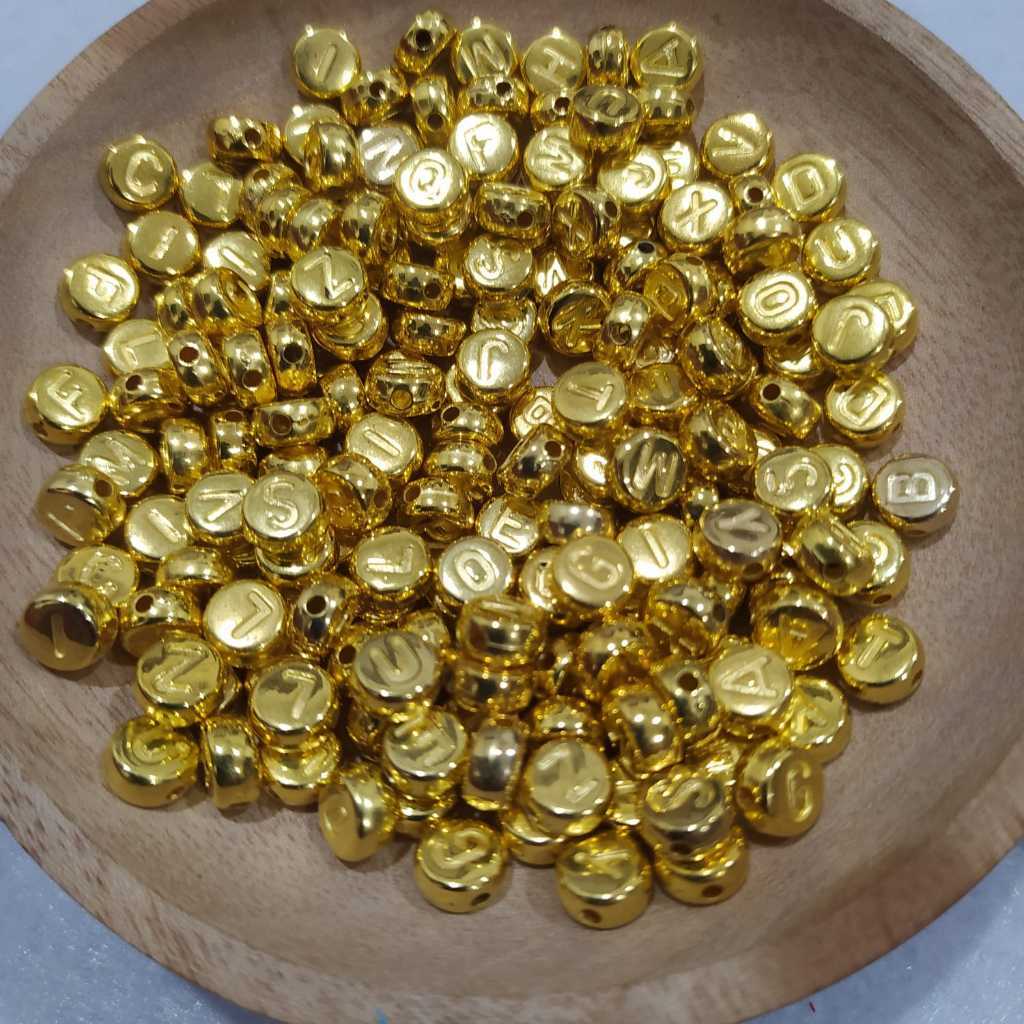 1 Pon Letter Beads Mini Bulat Gold Silver Huruf 450GR