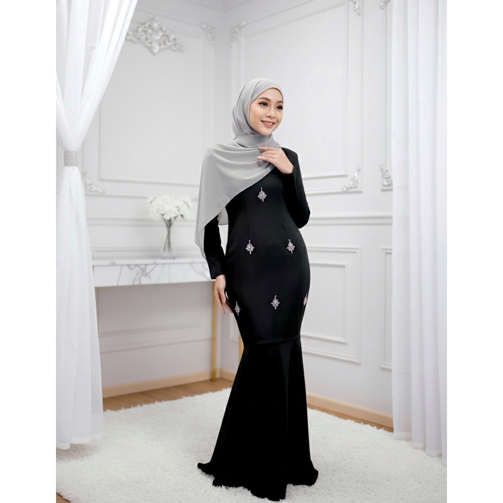Aleeya Black Baju Kurung Modern Mermaid Dress Melayu Wanita Payet Elegan Lebaran Idul Fitri