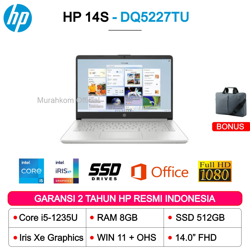 LAPTOP HP 14S-DQ5227TU INTEL CORE I5-1235U 8GB DDR4 SSD512 14"FHD OHS+WIN11 LAPTOP BUAT KERJA