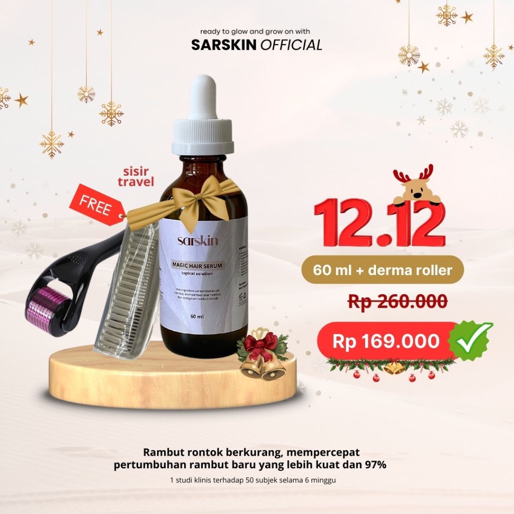 12.12 PAKET SARSKIN 60ml+dermaroller - untuk Penumbuh Rambut Pria  Wanita