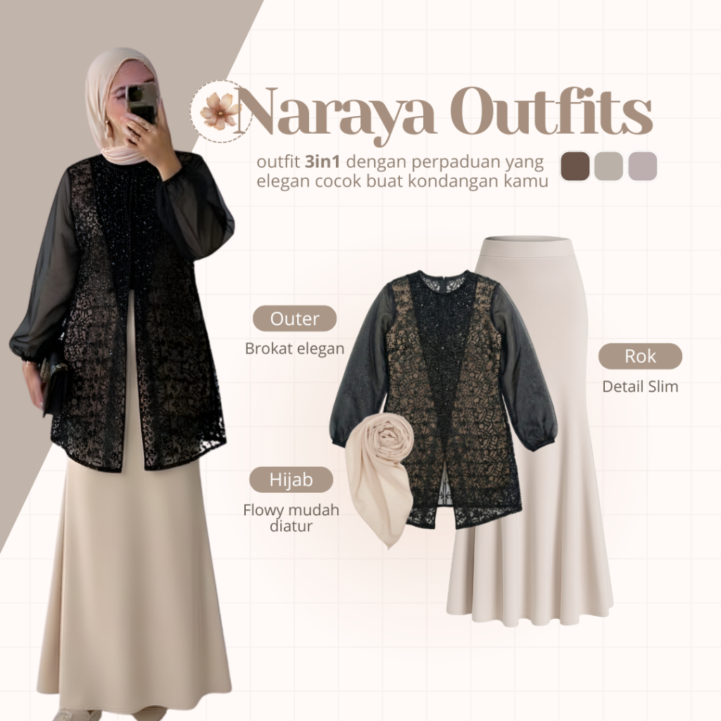 Setelan Wanita Kekinian OOTD Hijab Set[ Outer Tunik Brokat + Rok Duyung + Jilbab Bella Square ]RM044