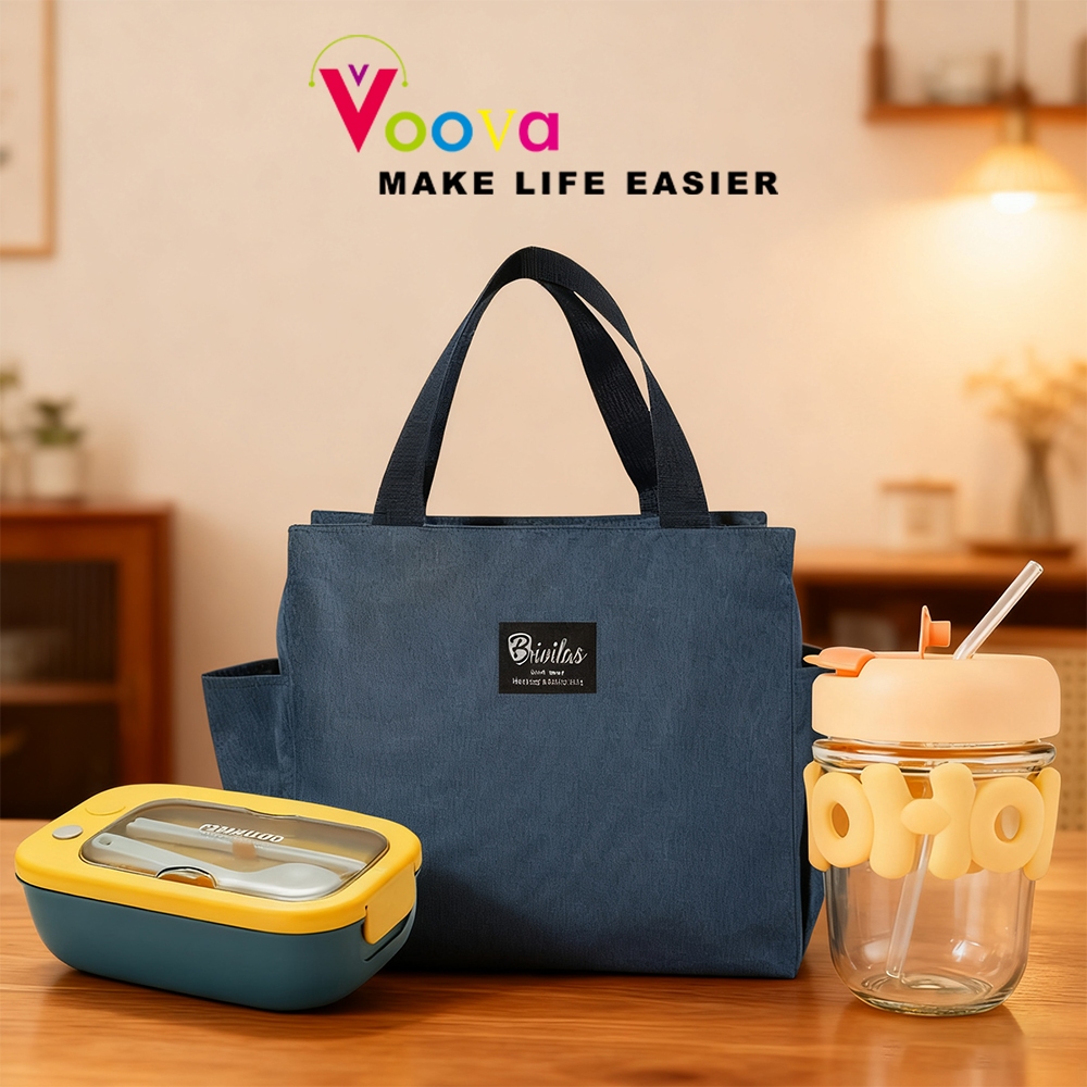 VOOVA Paket Bekal Makan/ Bundling Tas Bekal, Tempat Makan, dan Gelas Minum Kaca
