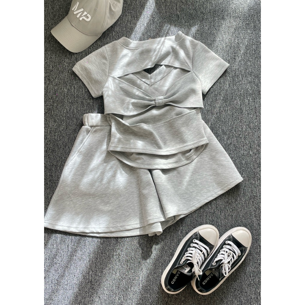 one set wanita, setelan casual, atasan pita belakang, celana pendek wanita, outfit santai wanita, se