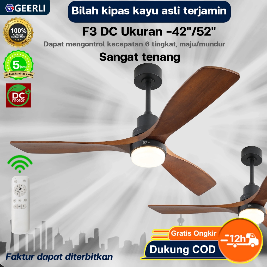 Gratis ongkos kirim Kipas angin langit-langit 42/52 inci ini dilengkapi bilah kayu solid, lampu tiga