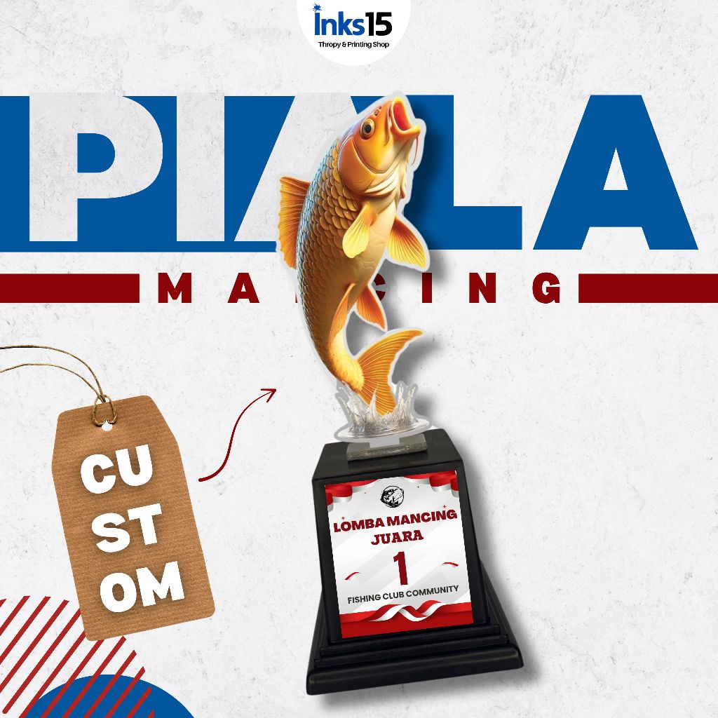 Piala Akrilik Tema Ikan Mas + Stiker Custom | Lomba Memancing | Souvenir Kemerdekaan 17 Agustus