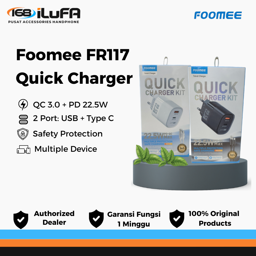 Foomee FR117 Dual Port Quick Charger 22.5W - Adaptor 2 Port USB dan Kabel Data Type C