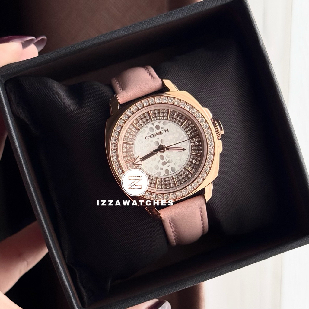 Jam Tangan Wanita Coach Diamond Ring Pink Leather Strap