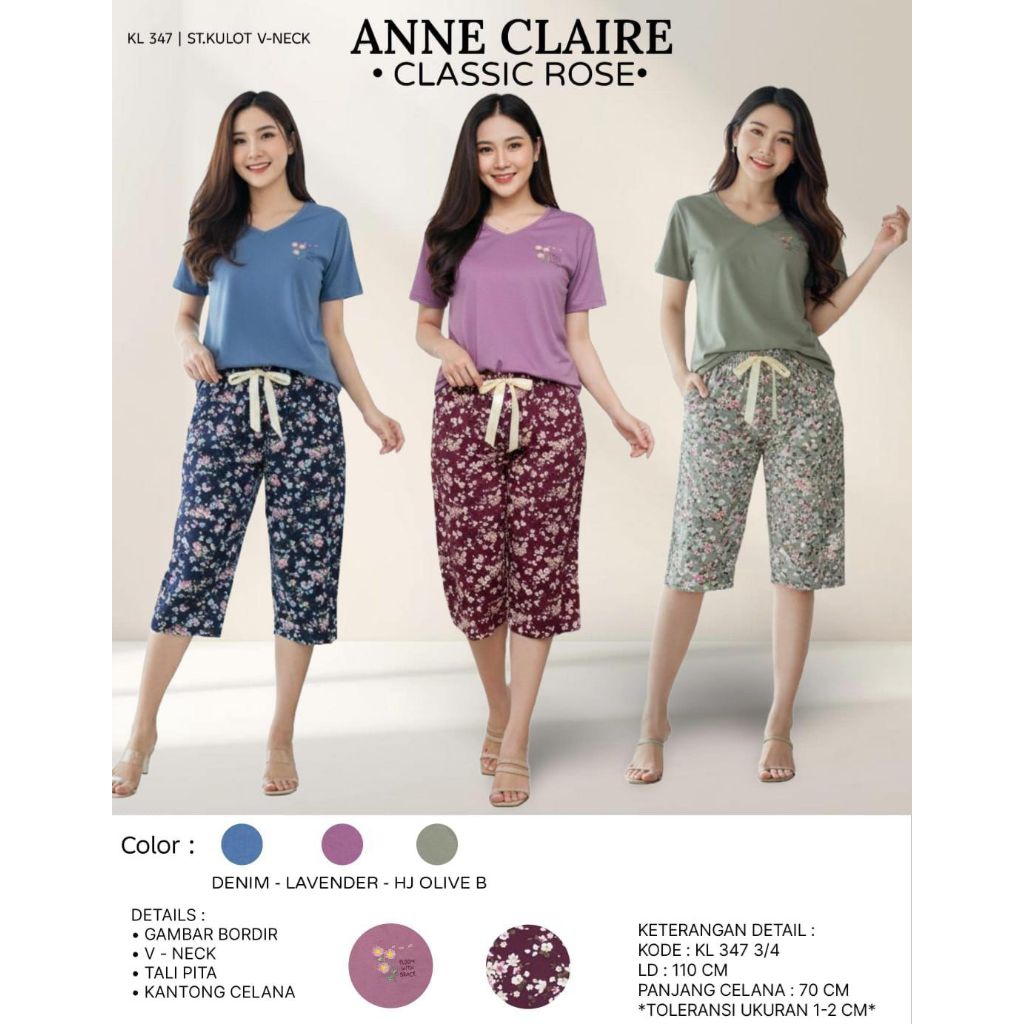 ANNE CLAIRE - Setelan U - Neck Blossom Rose / Setelan Celana Kulot 3/4