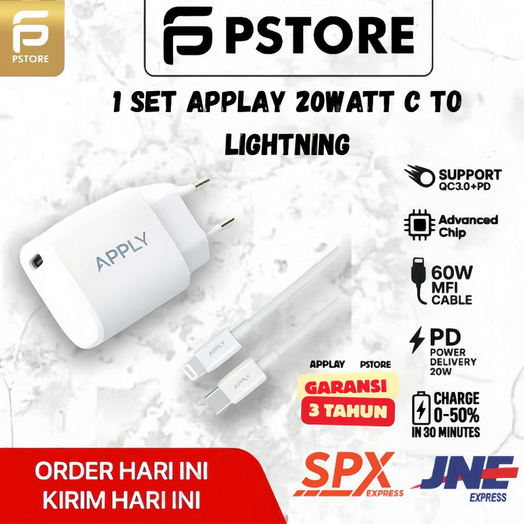 [GARANSI 3 TAHUN] Apply - MFI POWERLINK II - 1 Set Charger iPhone PD20W + MFI Cable Lightning 60W Fo