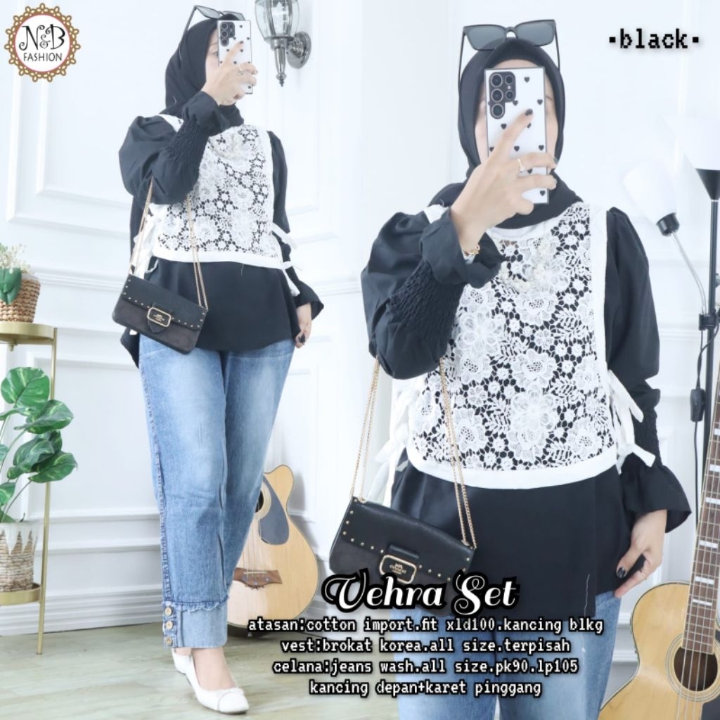 Stelan wanita VEHRA SET matt atasan cotton import,vest brukat korea,celana jeans wash