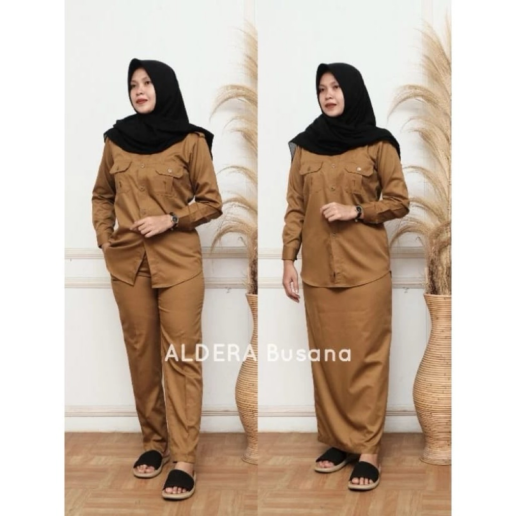 Setelan PDH Keki /Setelan PNS/Setelan Kerja Model Saku Dada Wanita Lengan Panjang