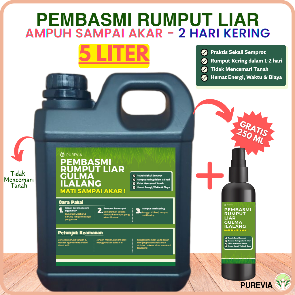 5 Liter PUREVIA Cairan Pembasmi Rumput Liar Ampuh Sampai Akar Siap Pakai | Obat Rumput Liar