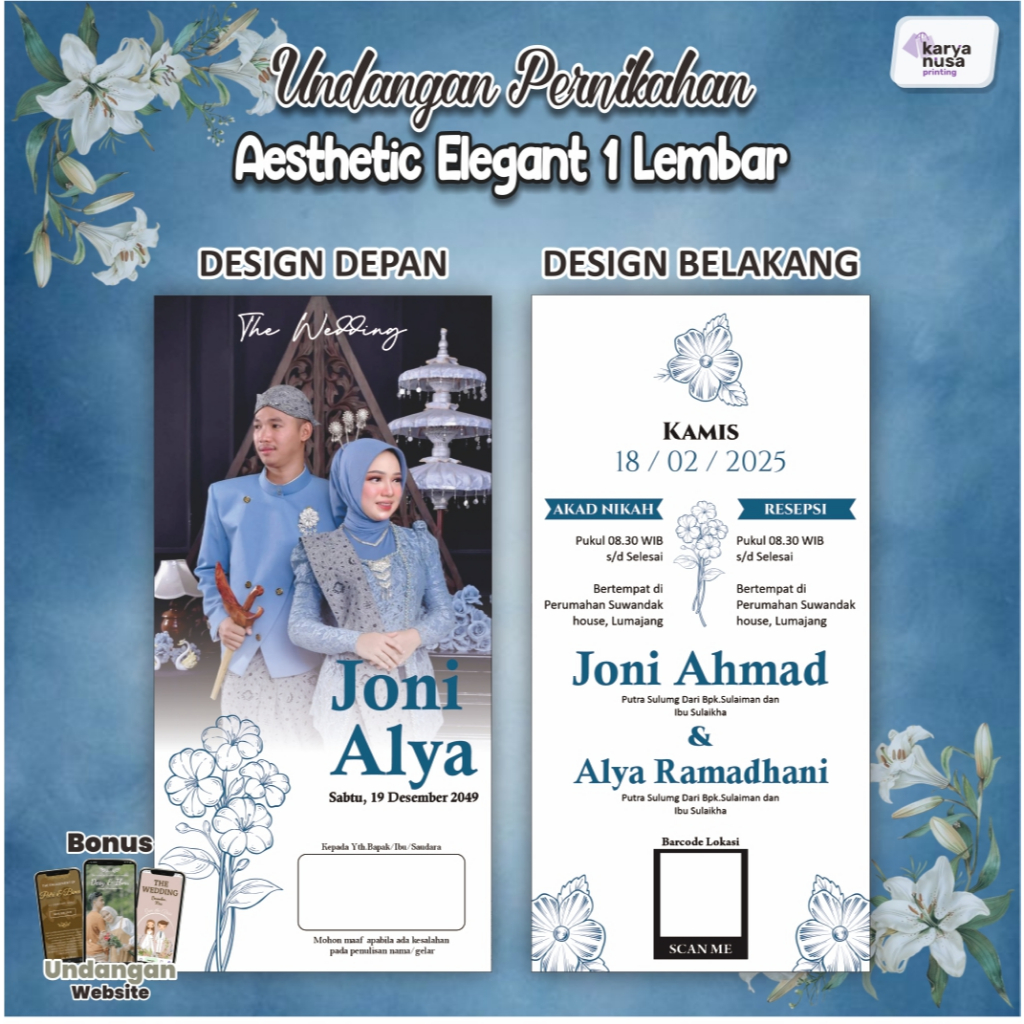 Undangan Pernikahan Aesthetic Elegant 1 Lembar BONUS Undangan Web Bisa Custom Nama & Foto Free Desai
