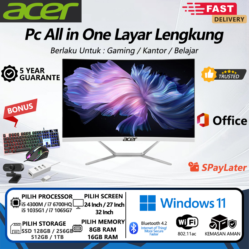 Acer Komputer Full PC All-in-One Baru Curved Terbaru HD Super Tipis Intel Core i7 Untuk Rumah, Belaj