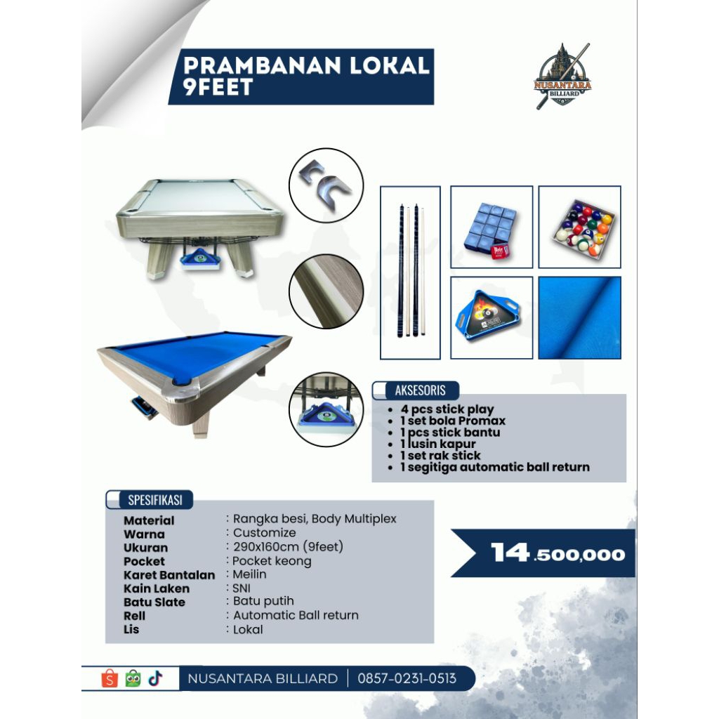 Meja Billiard 9ft Type Prambanan - Meja Lokal Spek Import