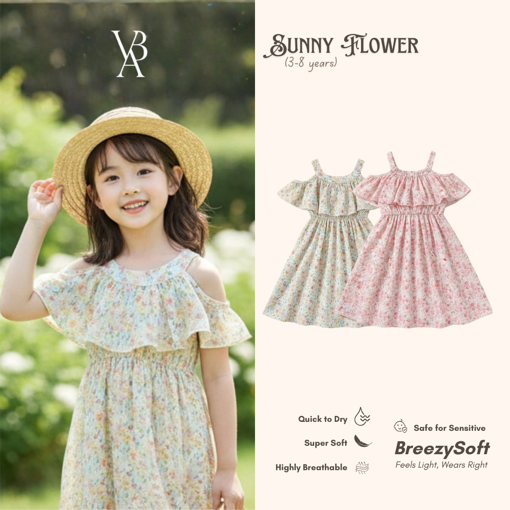 Venta Baby – Sunny Flower Dress Free Topi Lucu Motif Bunga Beach Style Anak Perempuan 3–8 Tahun