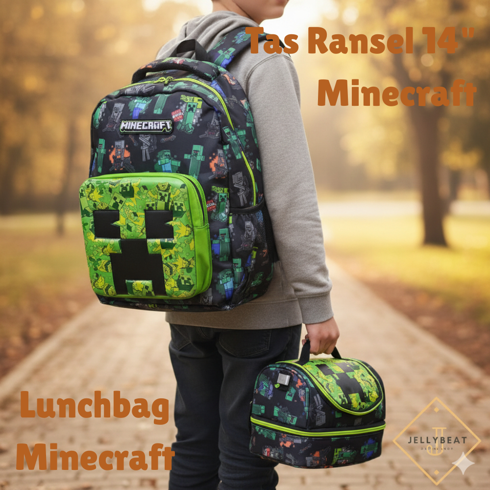 PROMO / BAHAN PREMIUM / Tas Ransel 14 inch Minecraft Creeper dan Lunch Bag 24.5 x 14.5 cm