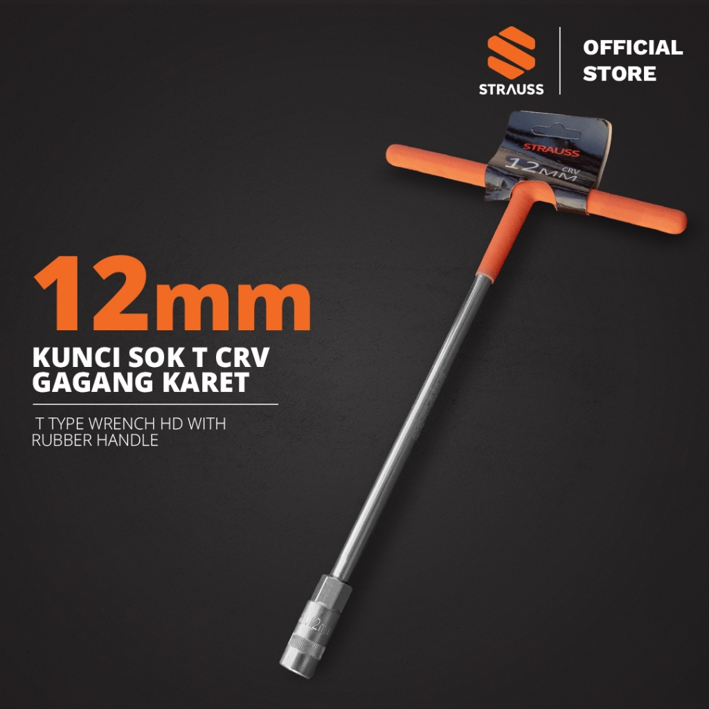 STRAUSS Kunci Sok T [12mm] Gagang Karet - Baut Sock Mata | Material CR-V Kuat Karet Anti Selip