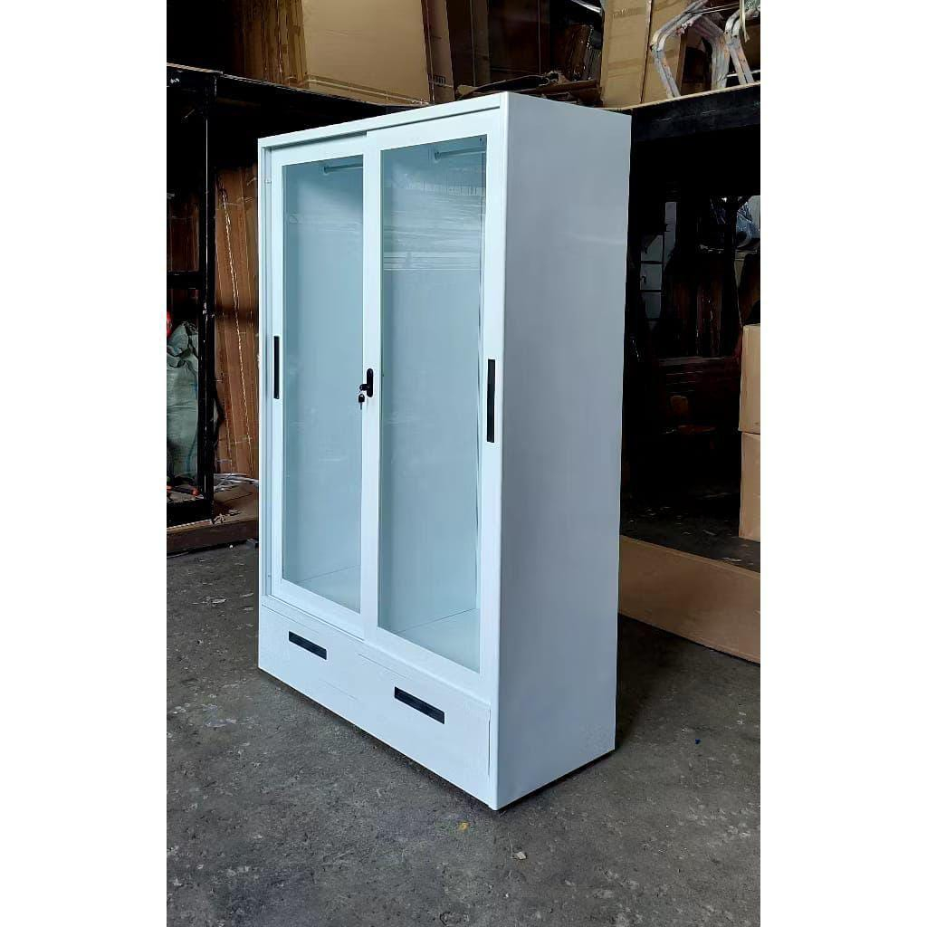 lemari 2 pintu sliding kaca transparan lunar putih