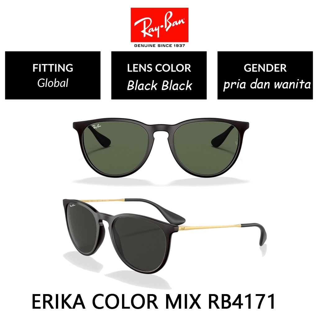 100% Original Kacamata Hitam Ray-Ban Erika RB4147 Large Metal Sunglasses Black Green Wanita Pria