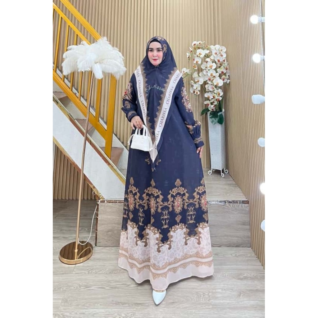 Gamis Syari Motif Etnik Set Khimar Ceruty Premium Busui Wudhu Friendly Farhana
