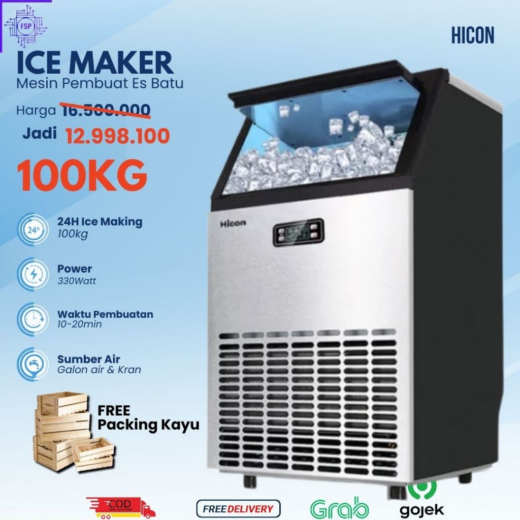 HICON HZB-100 Mesin Pembuat Es Batu 100kg/Hari Ice Maker Big Capacity