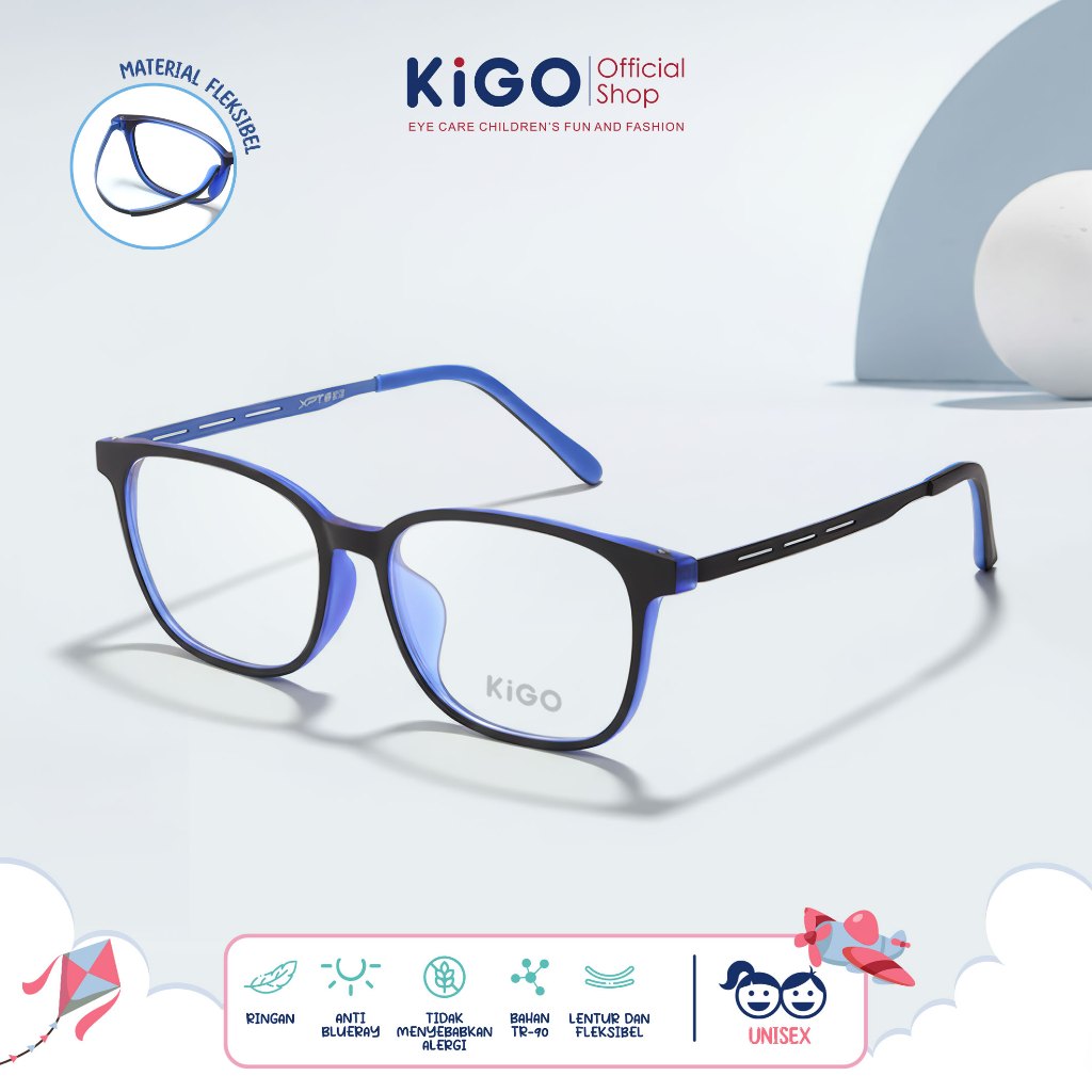KIGO Kacamata Anak/Remaja Persegi Kekinian Anti Radiasi Blueray TR-90+Titanium Persegi Panjang 9840