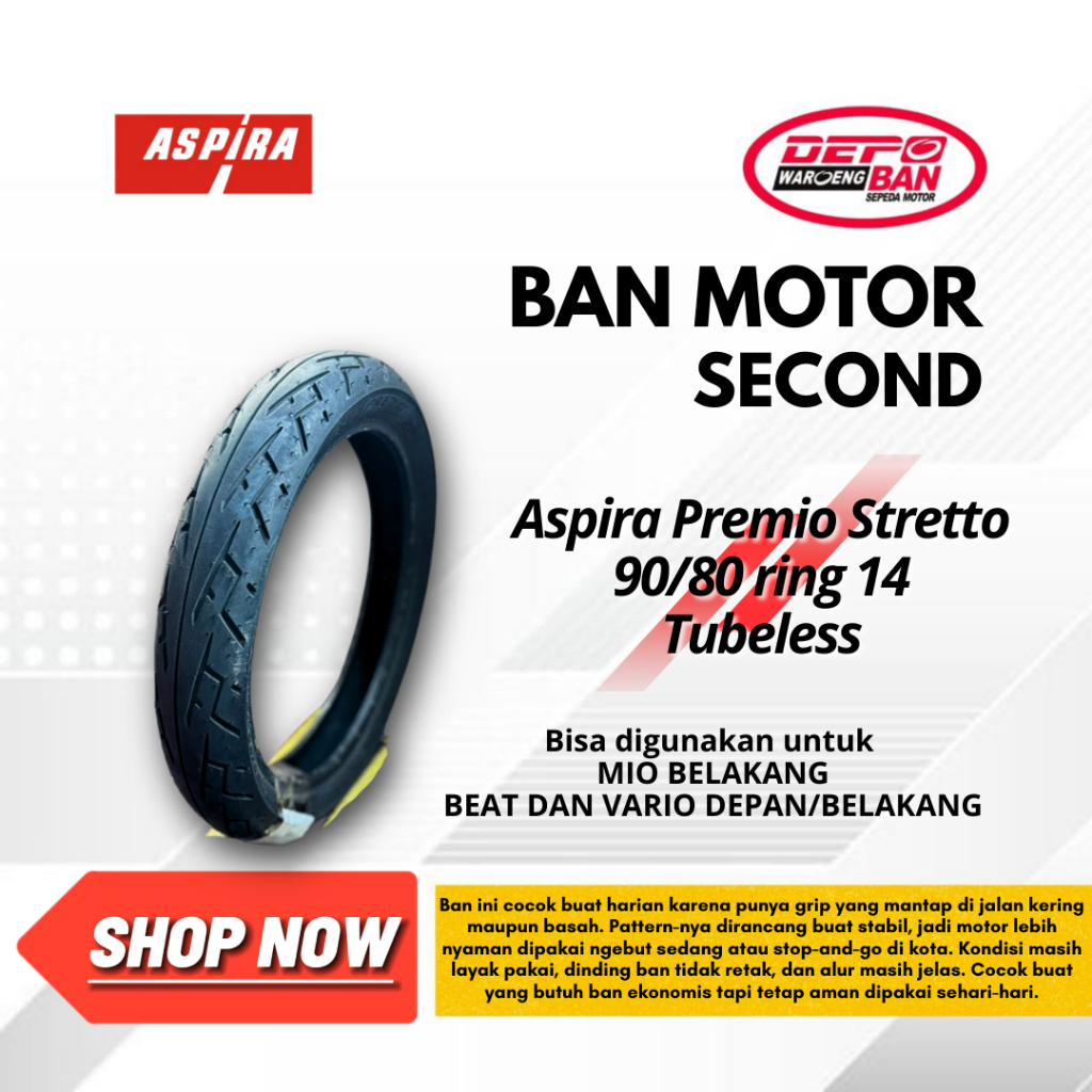 OBRAL BAN SECOND MERK ASPIRA TIPE PREMIO STRETTO UKURAN 90/80 RING 14 TUBELESS ORIGINAL
