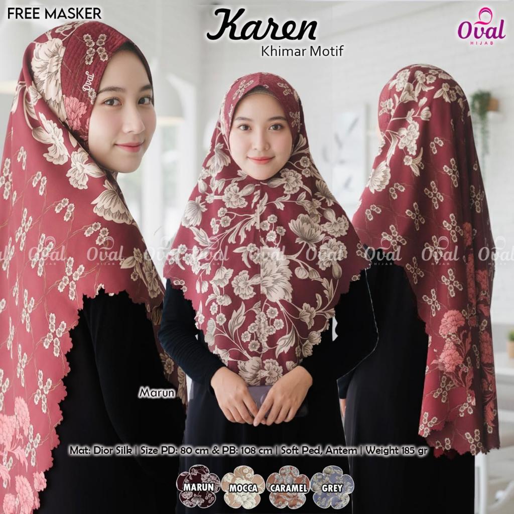 Karen Khimar Motif Original Oval Hijab Dior Silk Soft Ped Antem Hijab Wanita Motif Karen Oval