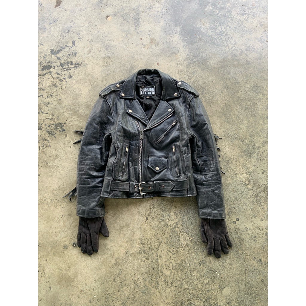 Vintage Genuine Black Leather Fringe Motorcycle Jacket