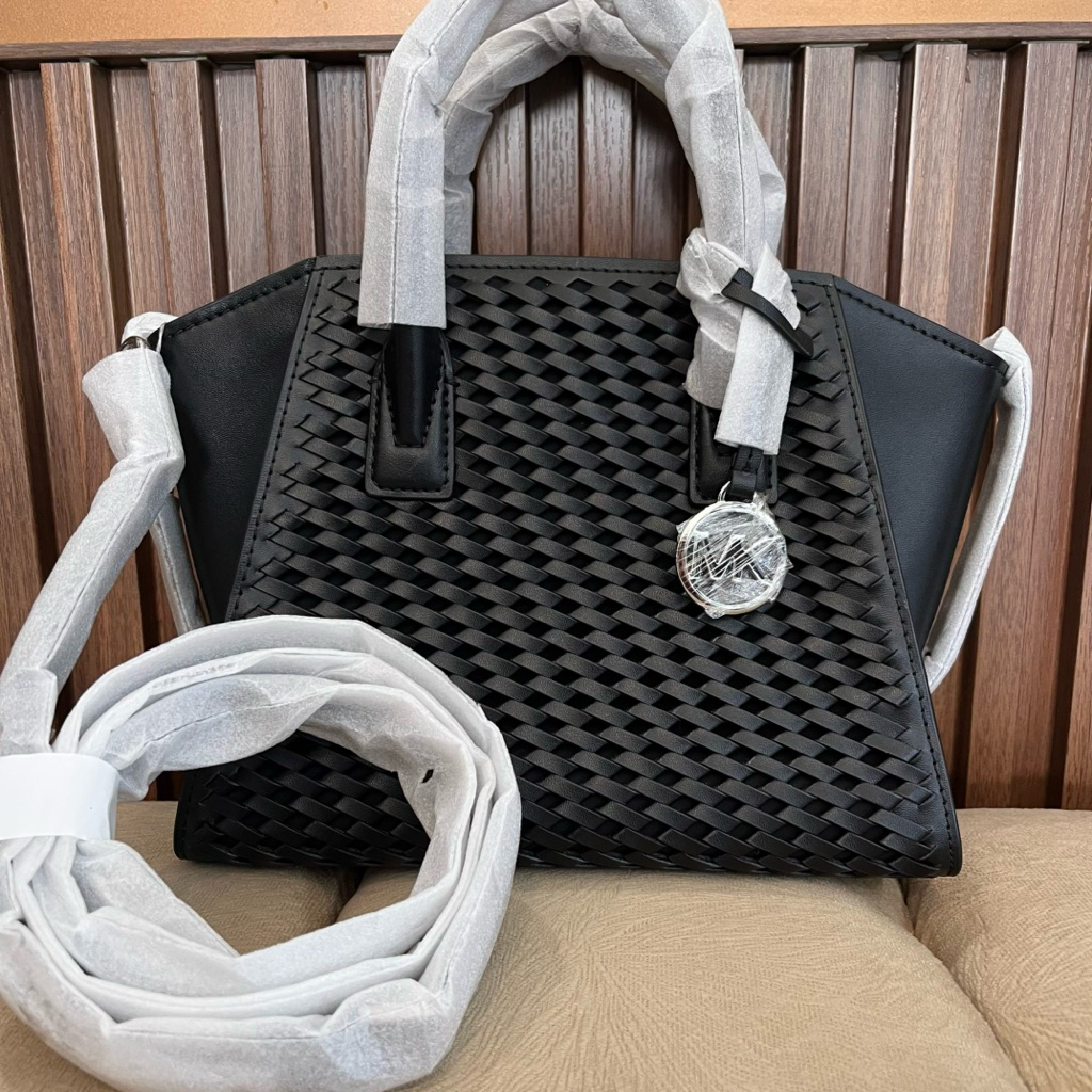 MK avril small woven satchel black